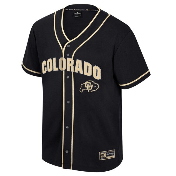 Black button-up baseball jersey with 'Colorado' lettering and CU Buffalo logo on the front, featuring contrast gold piping and short sleeves.